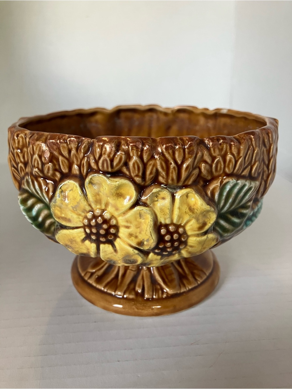 Vintage Sculptured Wheat Yellow Floral Ceramic Pedestal Planter Bowl
